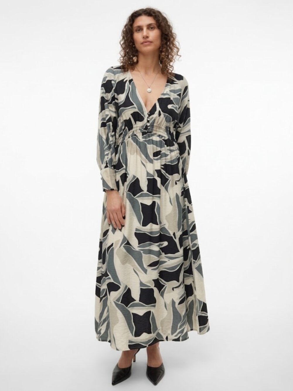 Vero Moda Black and Cream Abstract Long Sleeve Midi Dress L